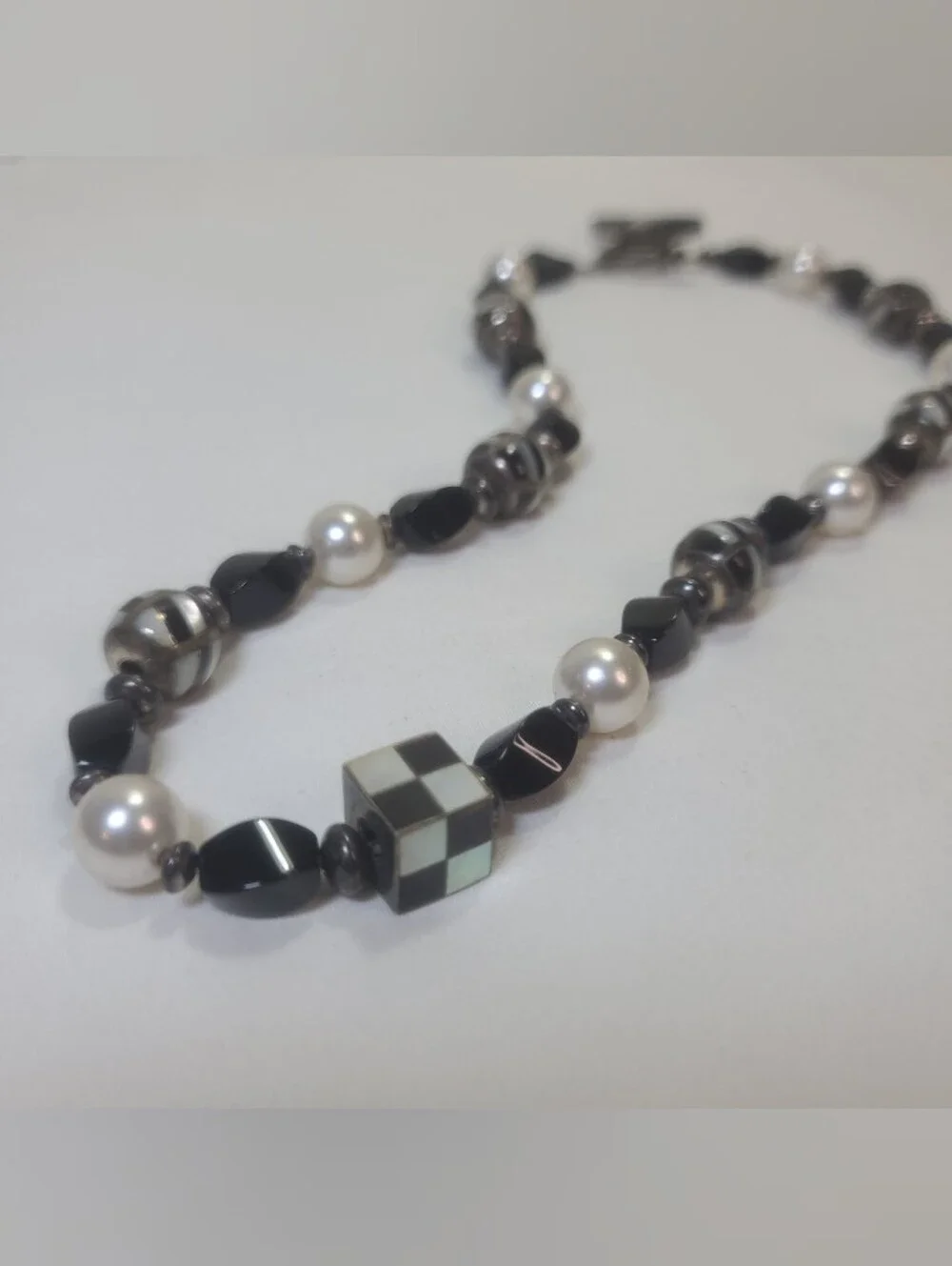 Katherine Chiquito Navajo Sterling Silver Mother of Pearl Onyx Inlay Necklace
